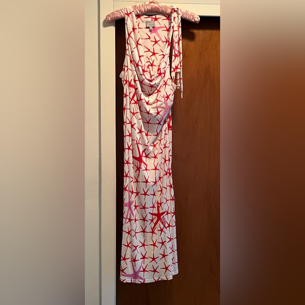 Versace Red and White Cowl Neck Sheath Midi Dress - Picture 16 of 16